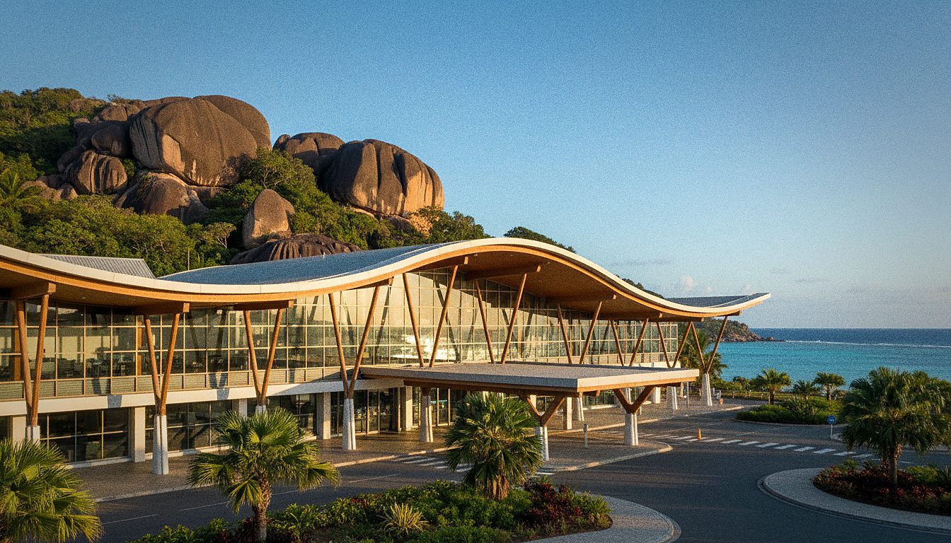 Façade du terminal de l'Aéroport international des Seychelles de jour