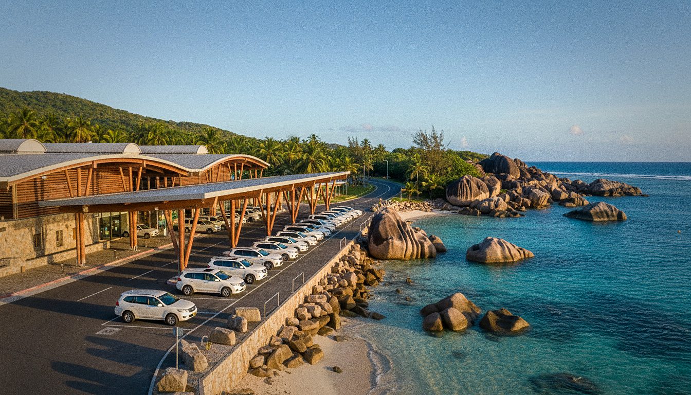 Station de taxis devant le terminal de l'Aéroport des Seychelles